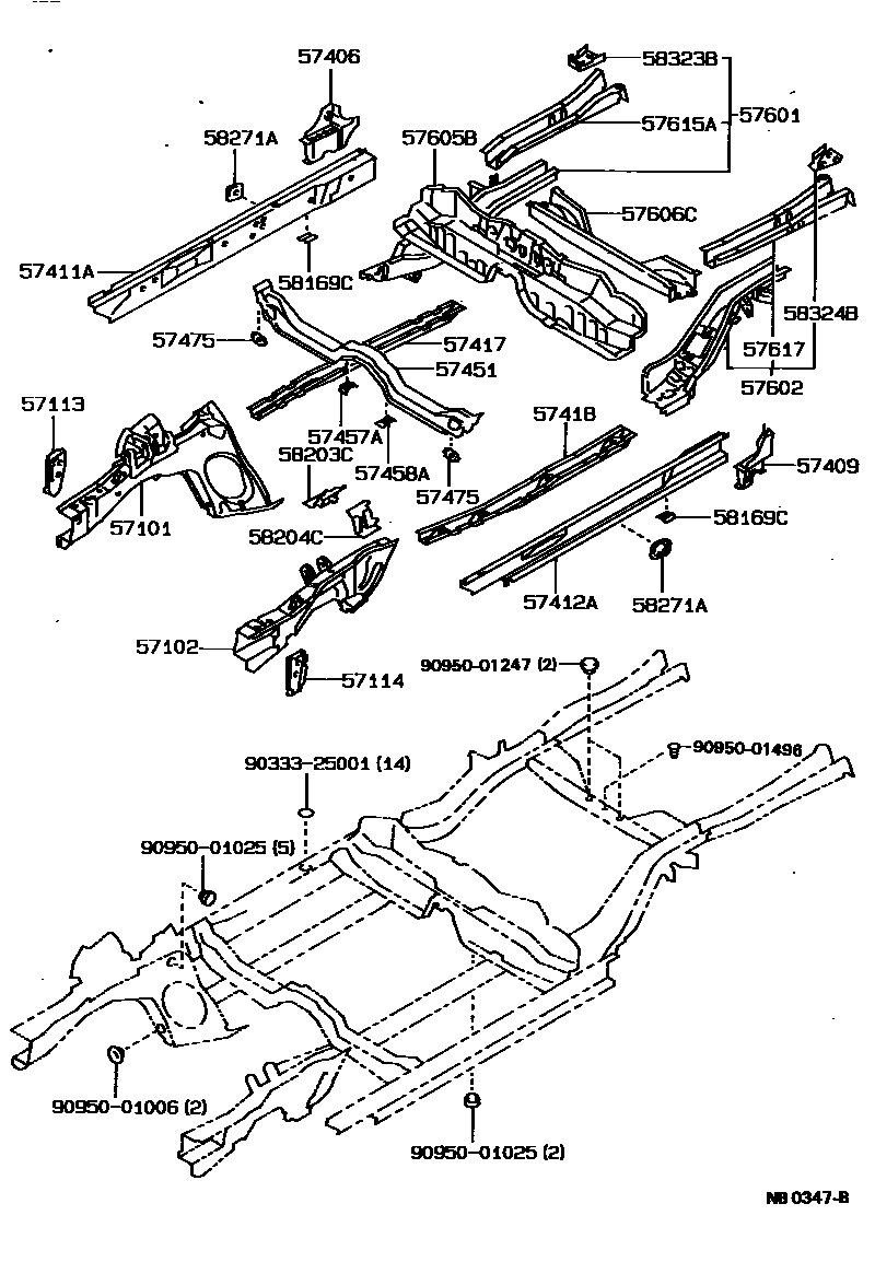 Toyota COROLLA Floor stringers EPC diagram — NB0347B