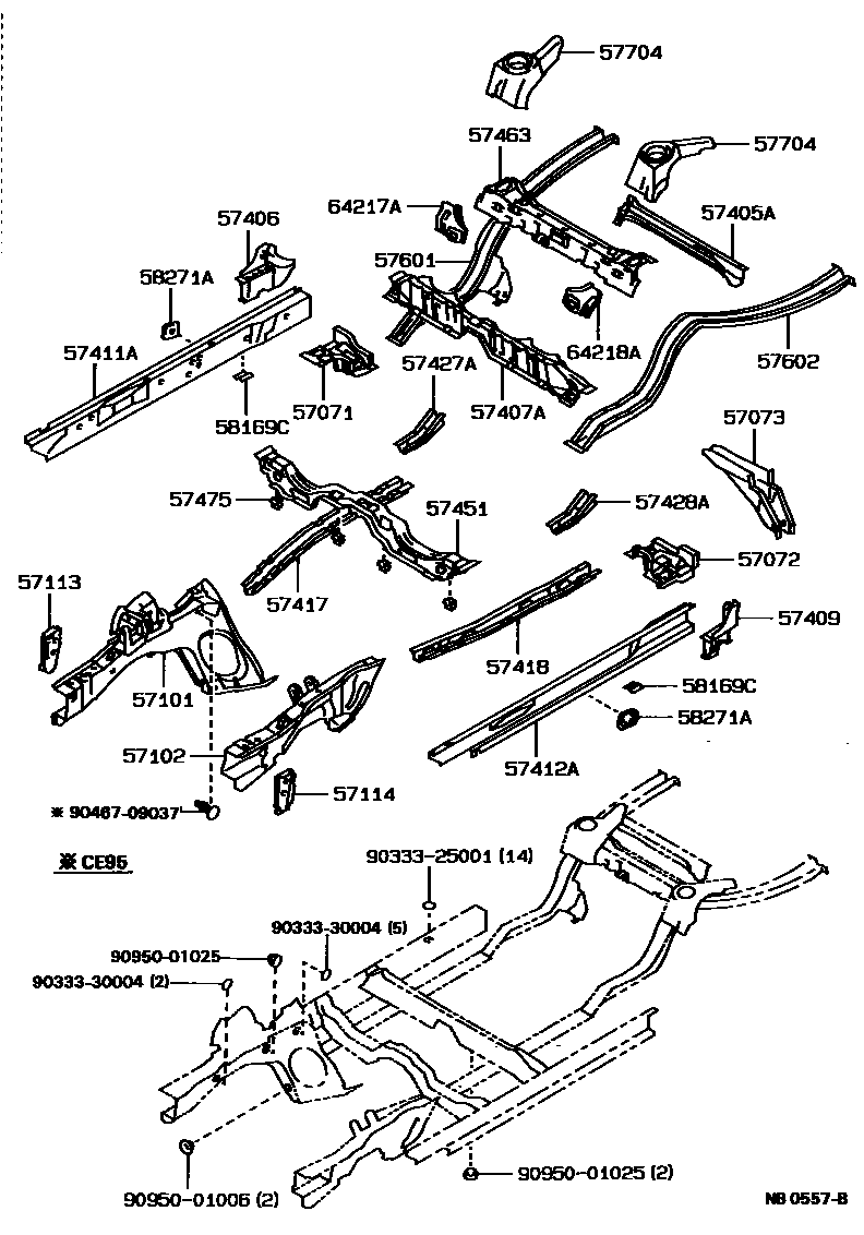 Toyota COROLLA Floor stringers EPC diagram — NB0557B