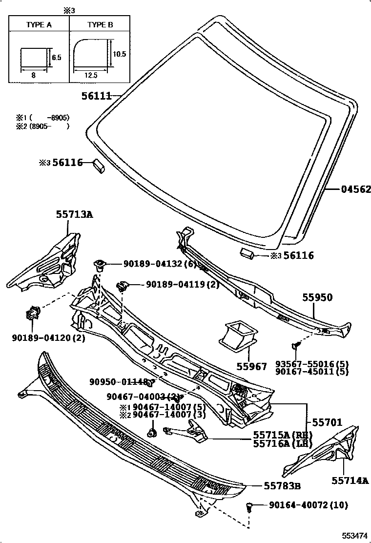 Toyota COROLLA 前围板和挡风玻璃 EPC diagram — 553474