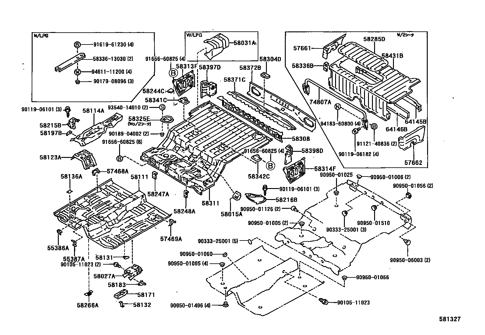 Toyota COROLLA 浅盘形地板和车身下背板 EPC diagram — 581327