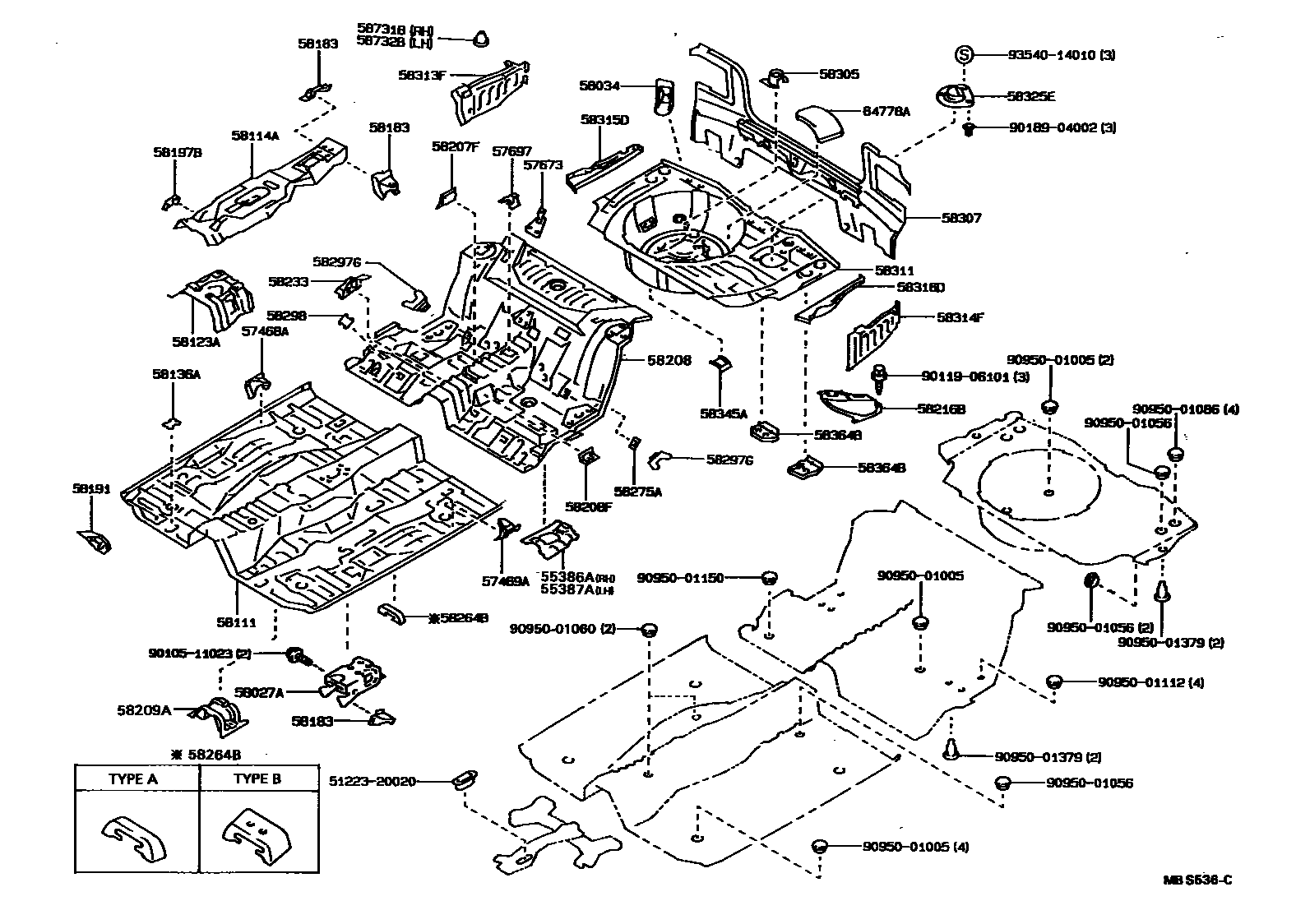 Toyota COROLLA 浅盘形地板和车身下背板 EPC diagram — MBS536C
