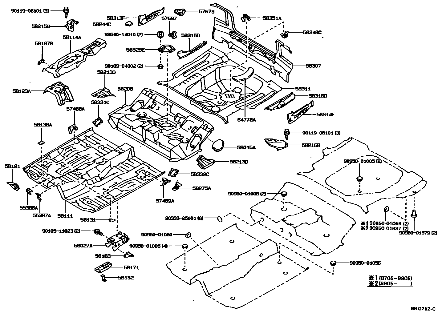 Toyota COROLLA 浅盘形地板和车身下背板 EPC diagram — NB0252C