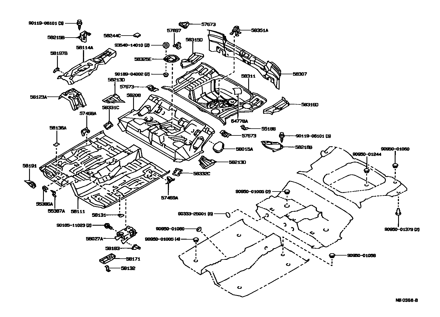 Toyota COROLLA 浅盘形地板和车身下背板 EPC diagram — NB0356B