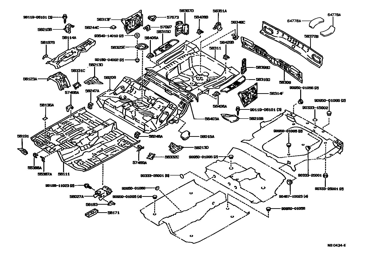 Toyota COROLLA 浅盘形地板和车身下背板 EPC diagram — NB0434E