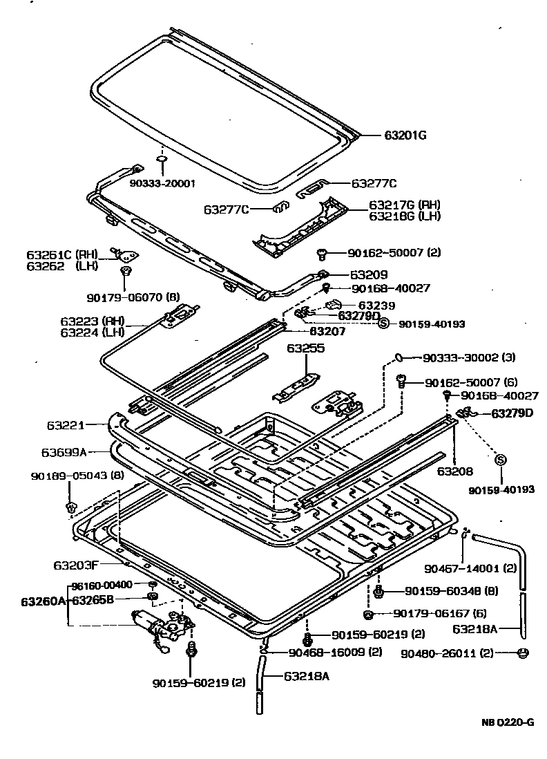 Toyota COROLLA 天窗板和背窗玻璃 EPC diagram — NB0220G