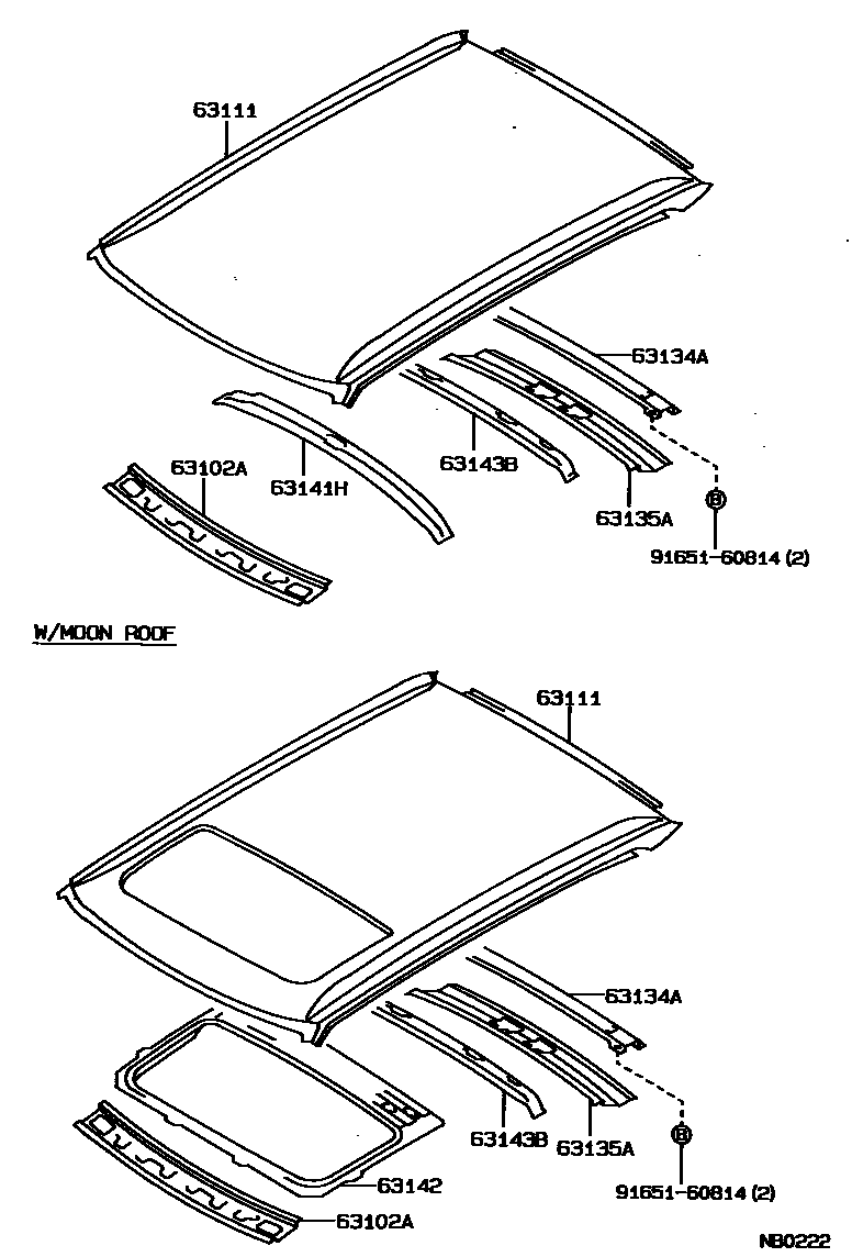 Toyota COROLLA 天窗板和背窗玻璃 EPC diagram — NB0222