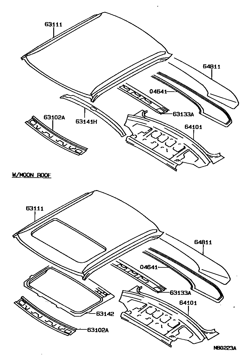 Toyota COROLLA 天窗板和背窗玻璃 EPC diagram — NB0223A