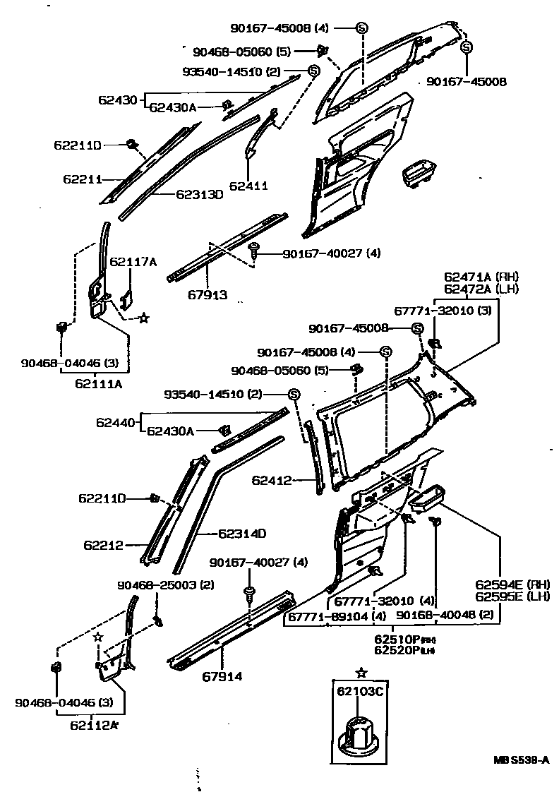 Toyota COROLLA 内饰板和车门防水胶条 EPC diagram — MBS538A