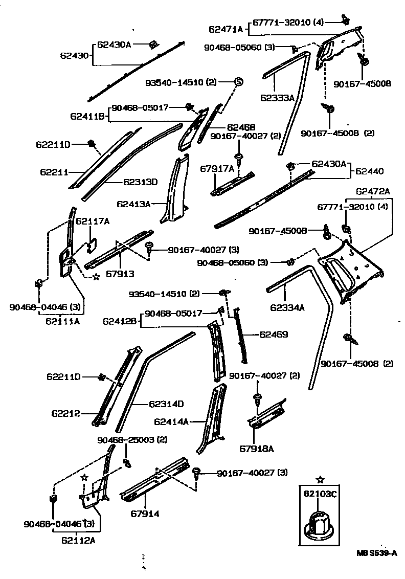 Toyota COROLLA 内饰板和车门防水胶条 EPC diagram — MBS539A