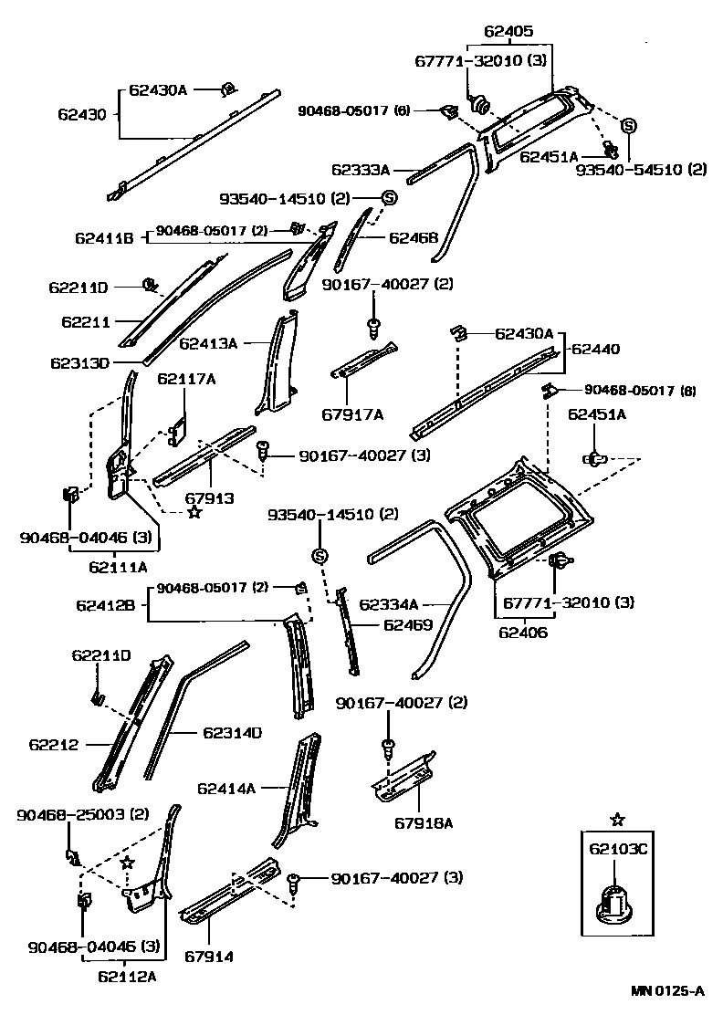 Toyota COROLLA 内饰板和车门防水胶条 EPC diagram — MN0125A
