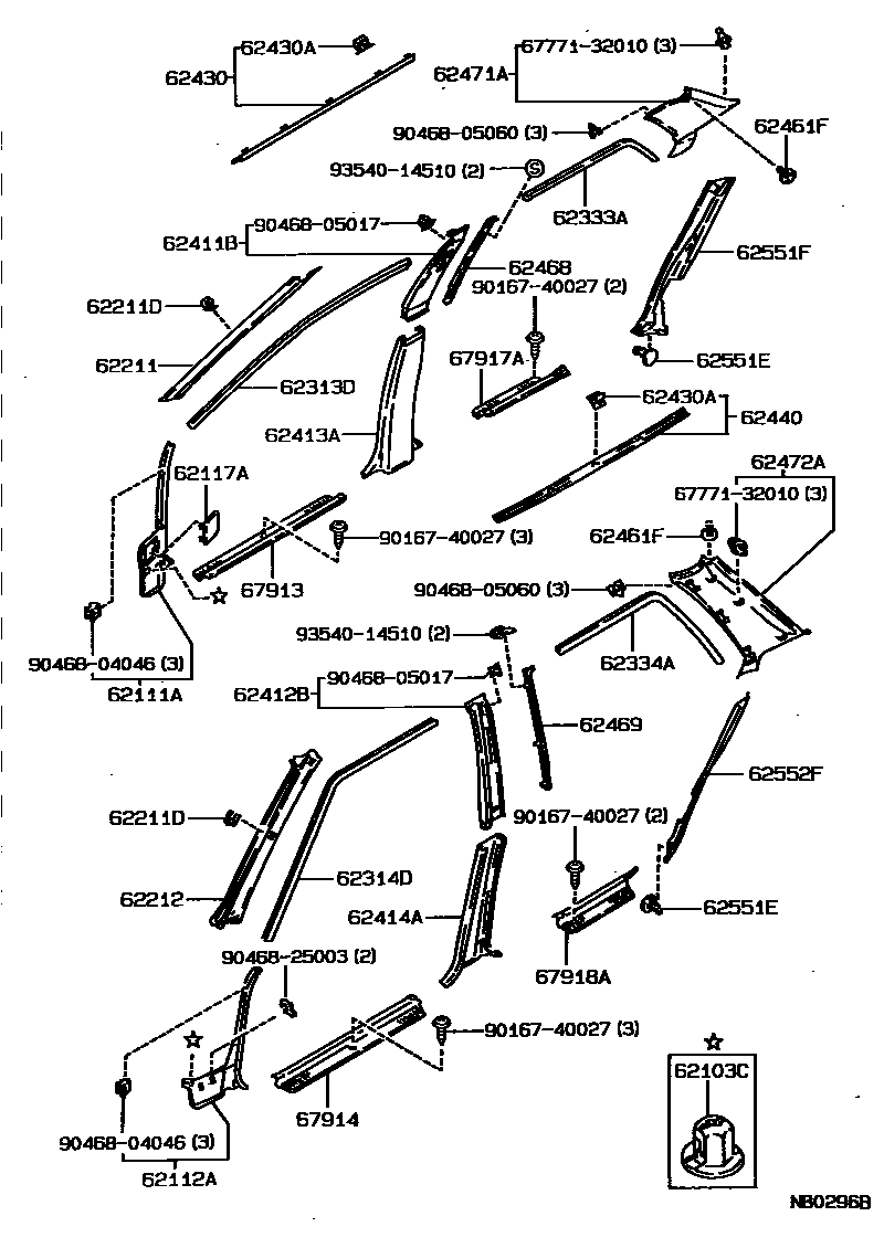 Toyota COROLLA 内饰板和车门防水胶条 EPC diagram — NB0296B
