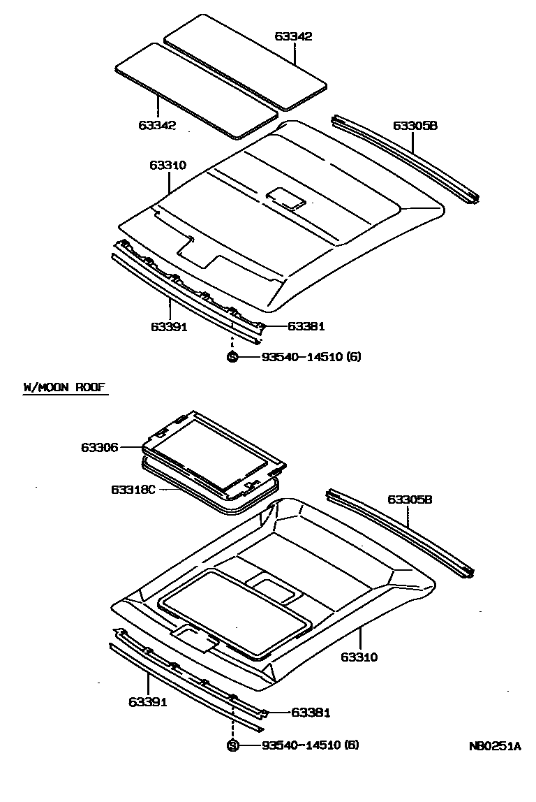 Toyota COROLLA 车顶内衬和消声垫 EPC diagram — NB0251A