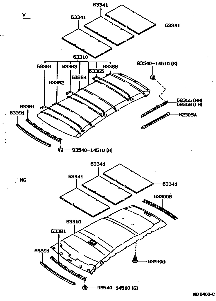 Toyota COROLLA 车顶内衬和消声垫 EPC diagram — NB0460C