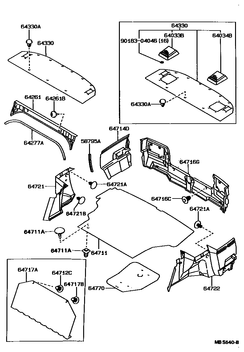 Toyota COROLLA 杂物箱板和行李箱垫 EPC diagram — MBS540B