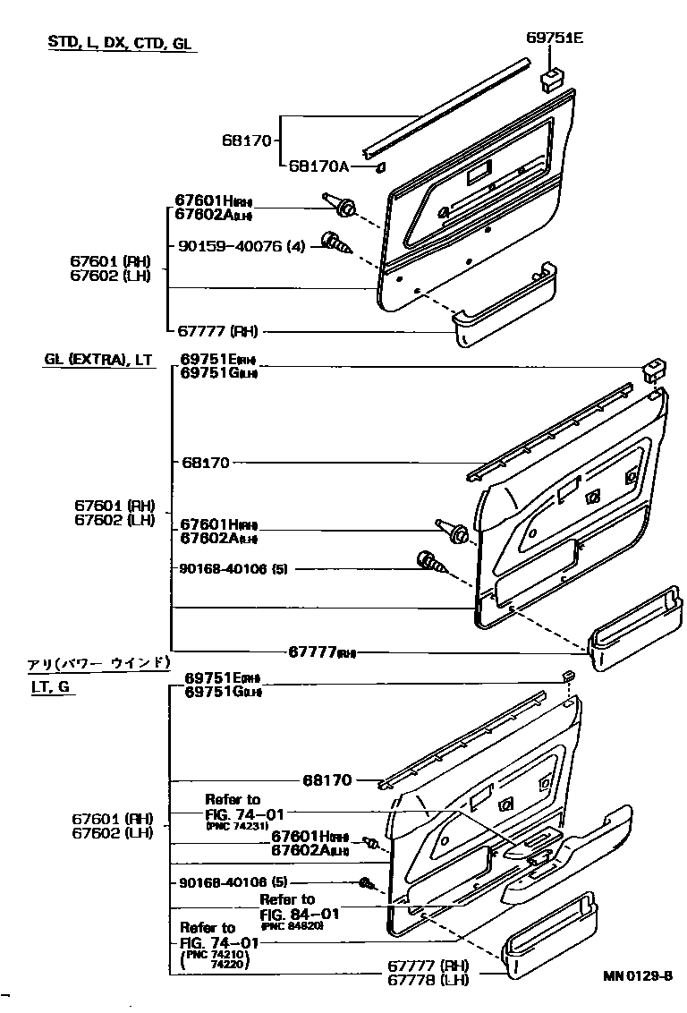 Toyota COROLLA 前门板和前门玻璃 EPC diagram — MN0129B