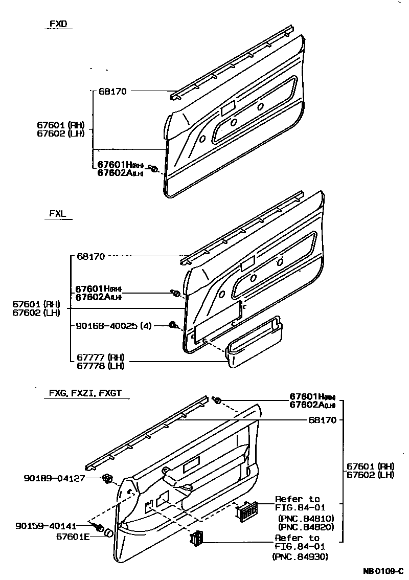 Toyota COROLLA 前门板和前门玻璃 EPC diagram — NB0109C