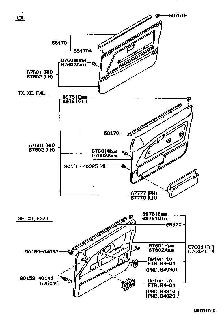Toyota COROLLA 前门板和前门玻璃 EPC diagram — NB0110C