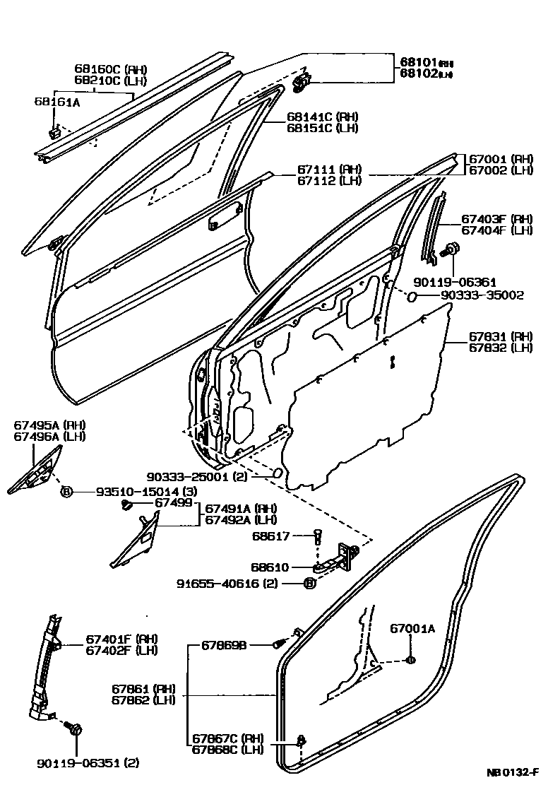 Toyota COROLLA 前门板和前门玻璃 EPC diagram — NB0132F