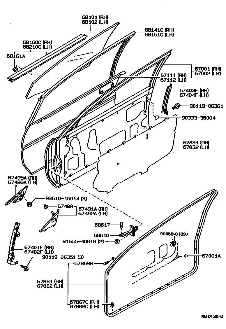 Toyota COROLLA 前门板和前门玻璃 EPC diagram — NB0136B