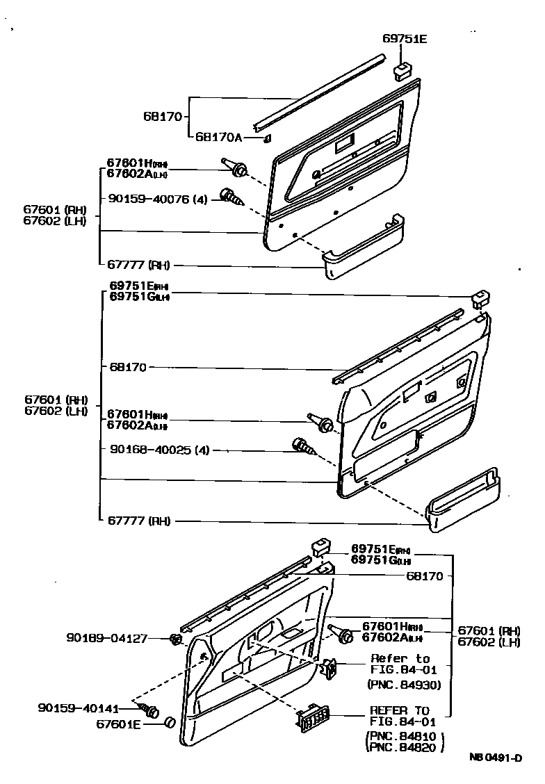 Toyota COROLLA 前门板和前门玻璃 EPC diagram — NB0491D