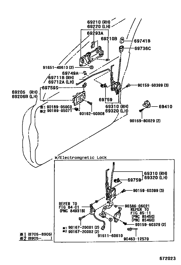 Toyota COROLLA 前门锁和车门把手 EPC diagram — 672023