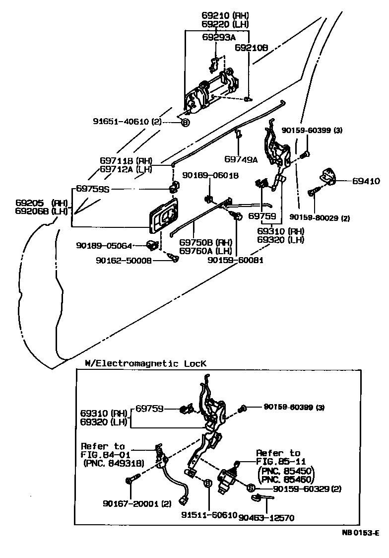Toyota COROLLA 前门锁和车门把手 EPC diagram — NB0153E