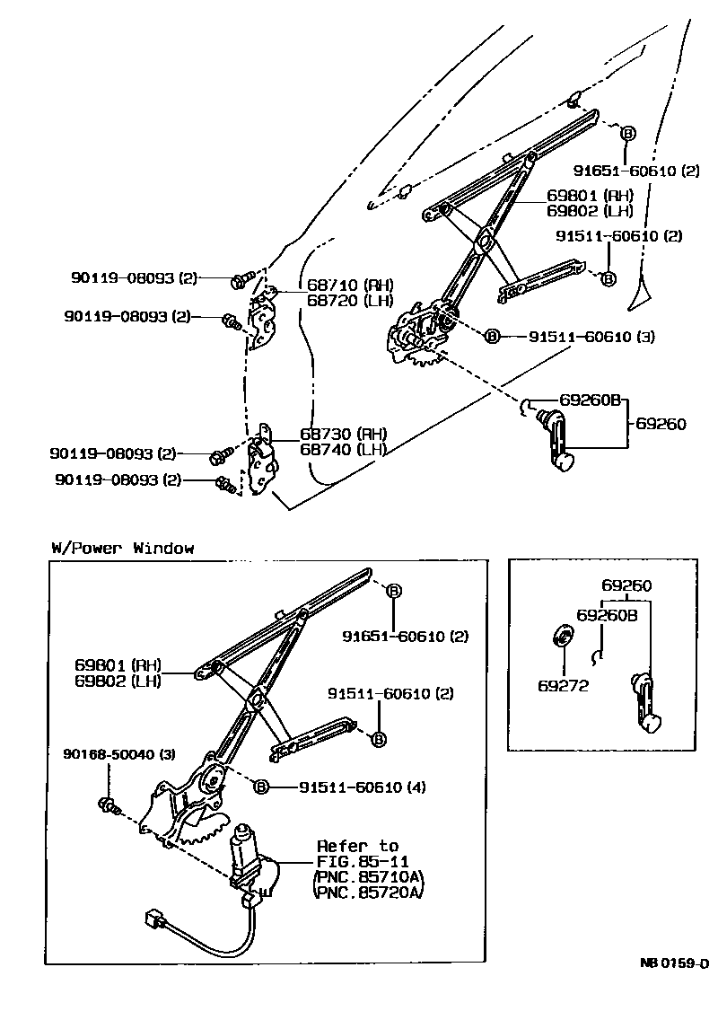 Toyota COROLLA 前门车窗升降器和合页 EPC diagram — NB0159D
