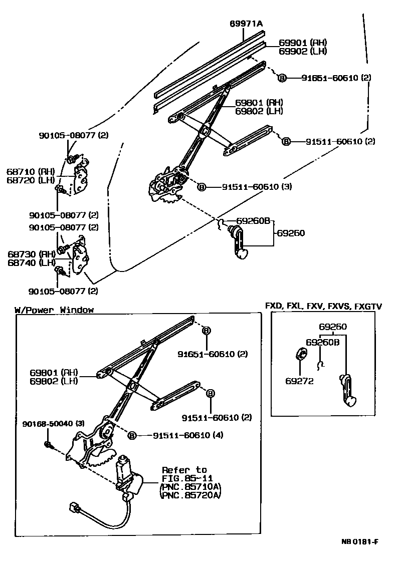 Toyota COROLLA 前门车窗升降器和合页 EPC diagram — NB0181F