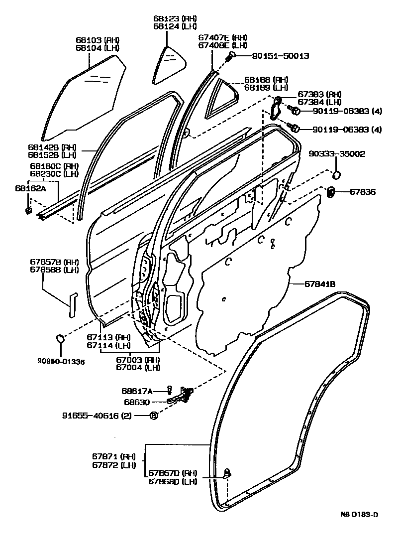 Toyota COROLLA 后门板和后门玻璃 EPC diagram — NB0183D
