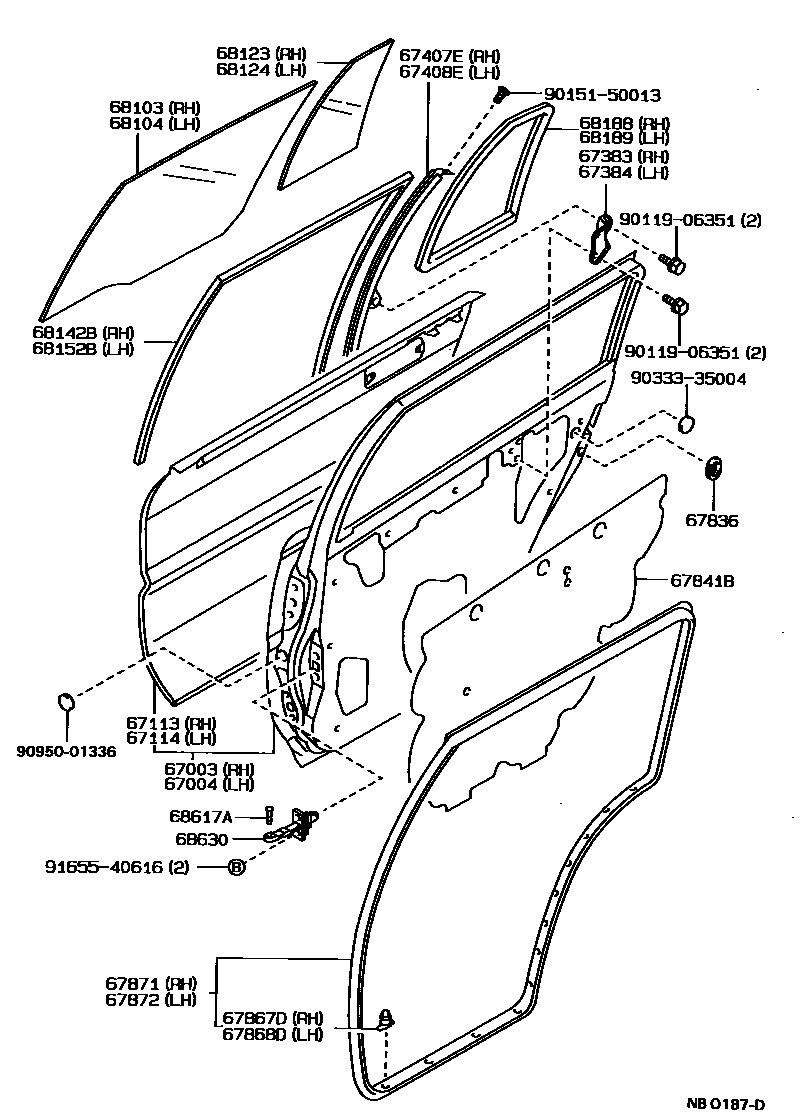 Toyota COROLLA 后门板和后门玻璃 EPC diagram — NB0187D