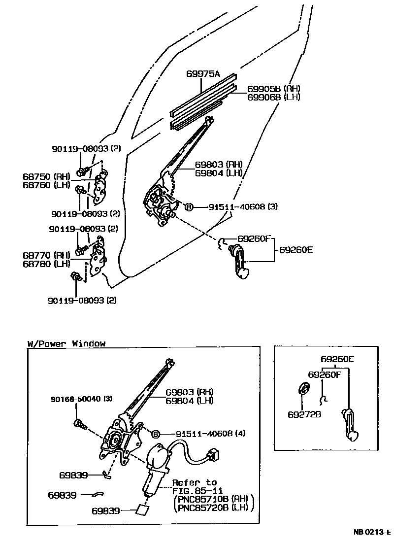 Toyota COROLLA 后门车窗升降器和合页 EPC diagram — NB0213E