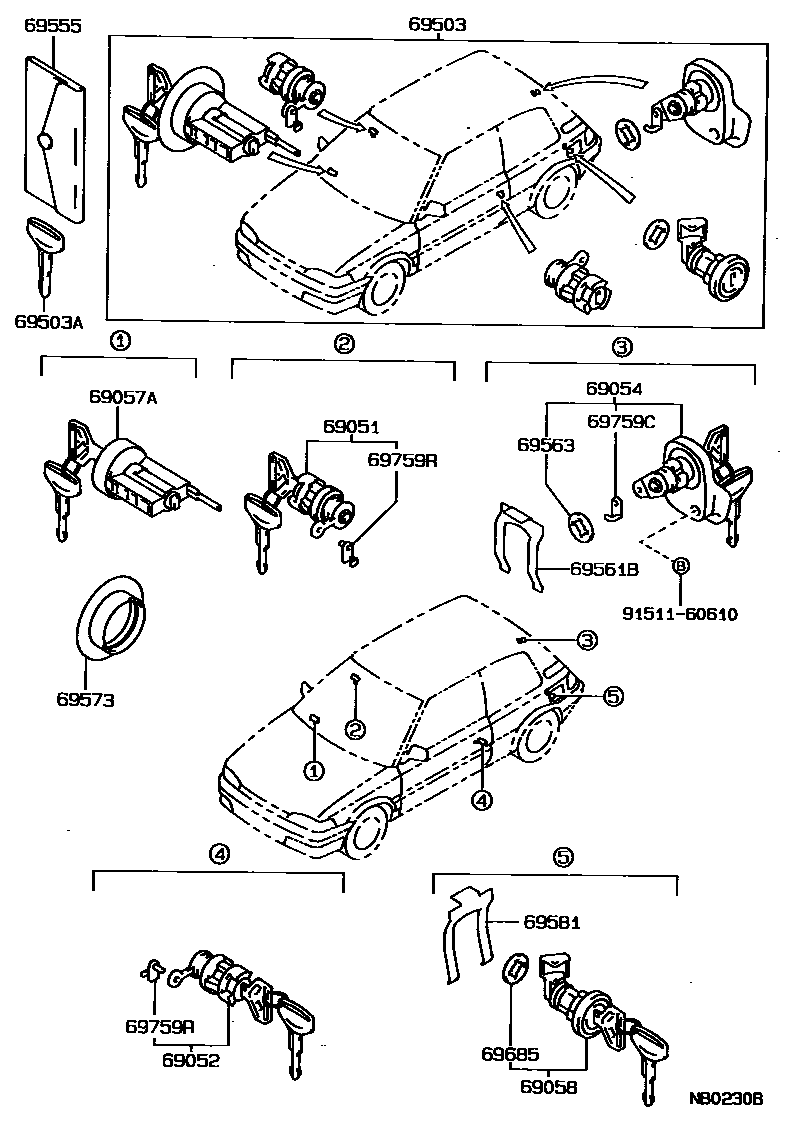 Toyota COROLLA 锁芯组件 EPC diagram — NB0230B