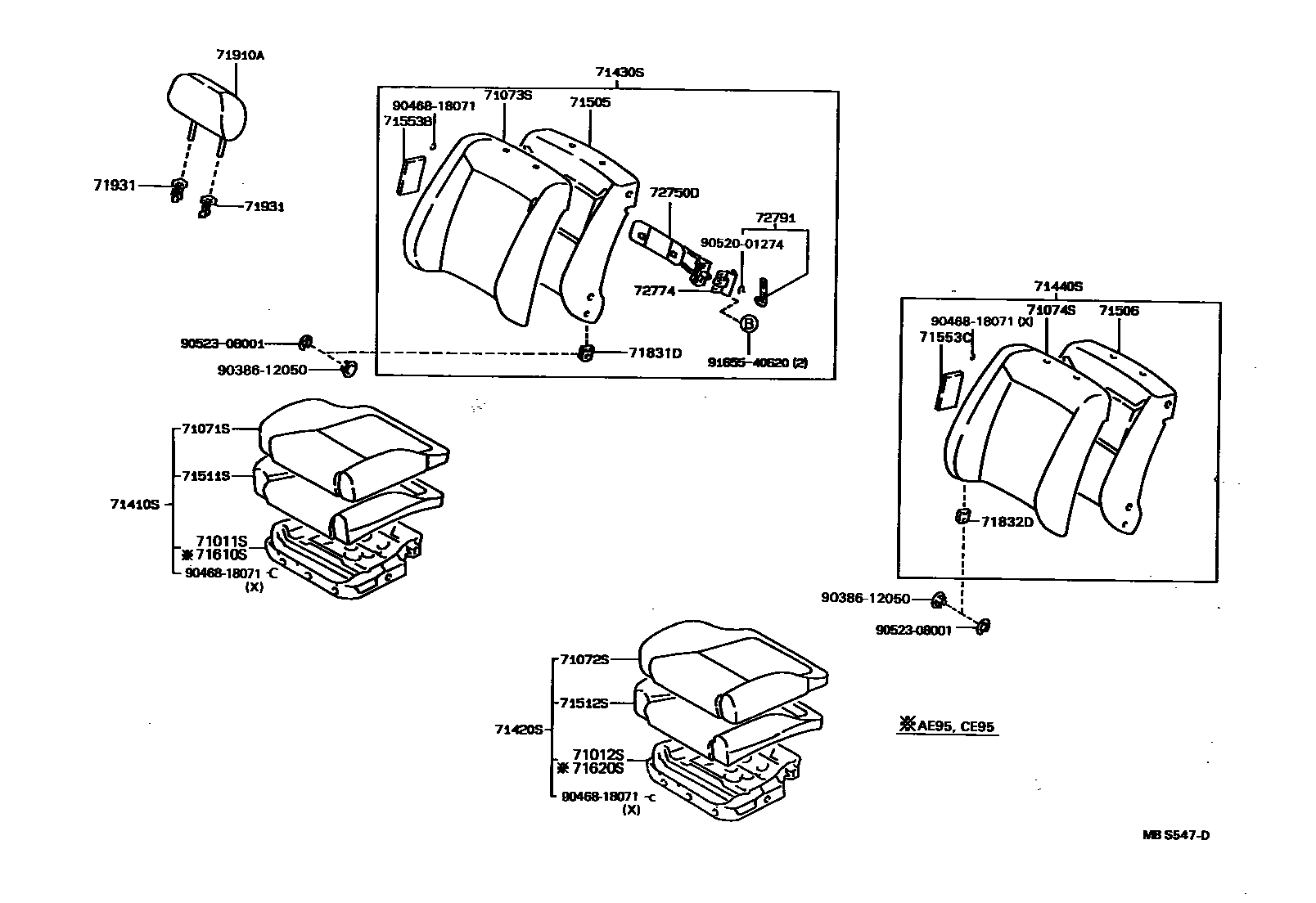 Toyota COROLLA 前排座椅和座椅滑轨 EPC diagram — MBS547D