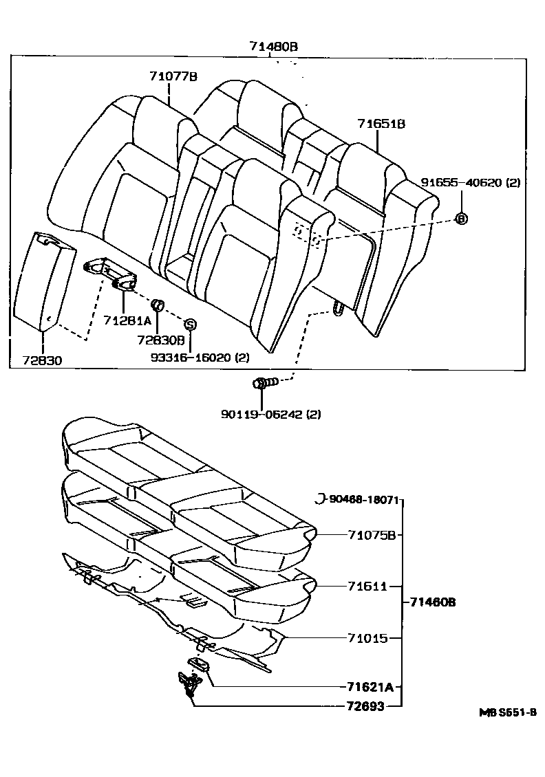 Toyota COROLLA 后排座椅和座椅滑轨 EPC diagram — MBS551B
