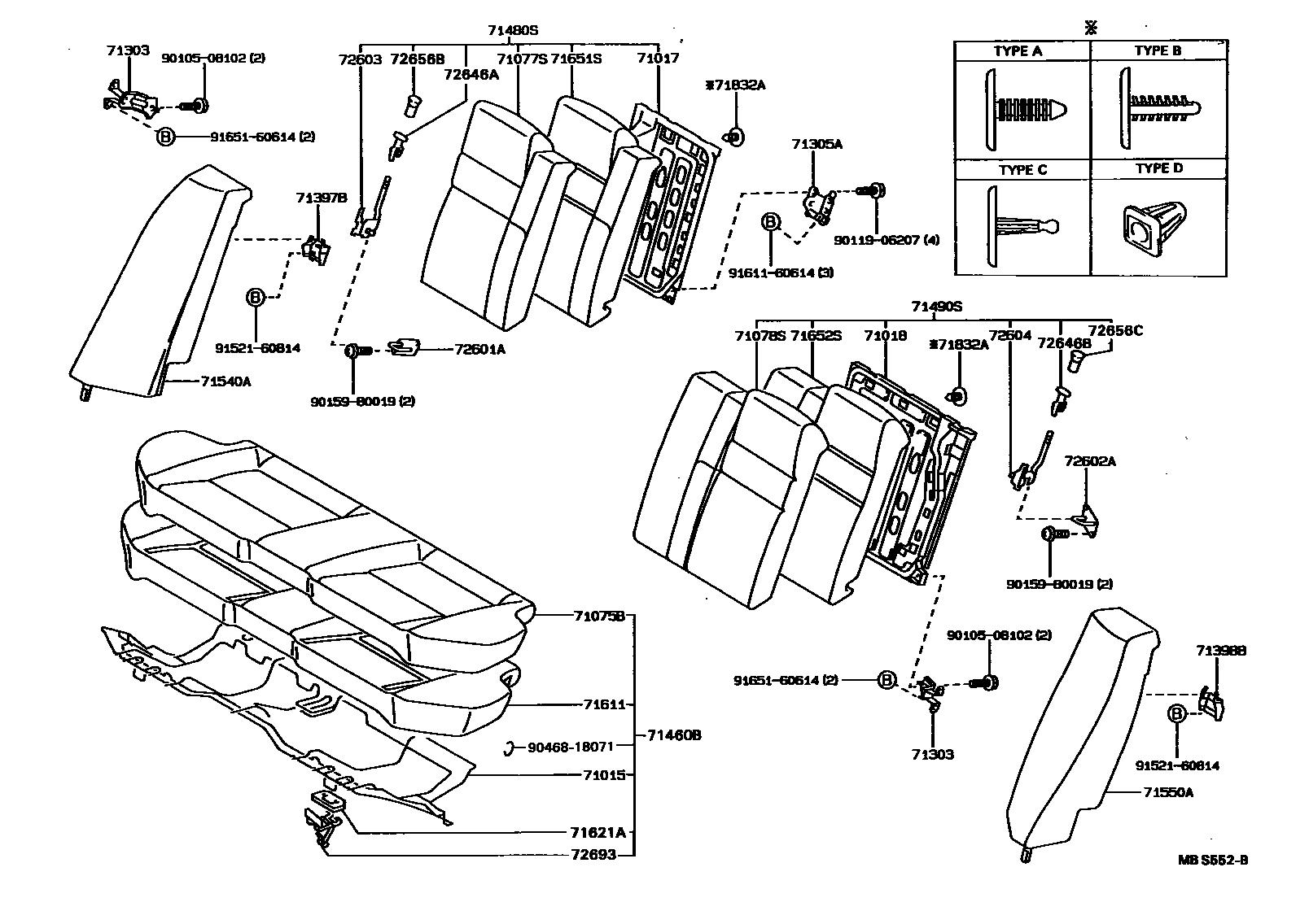Toyota COROLLA 后排座椅和座椅滑轨 EPC diagram — MBS552B