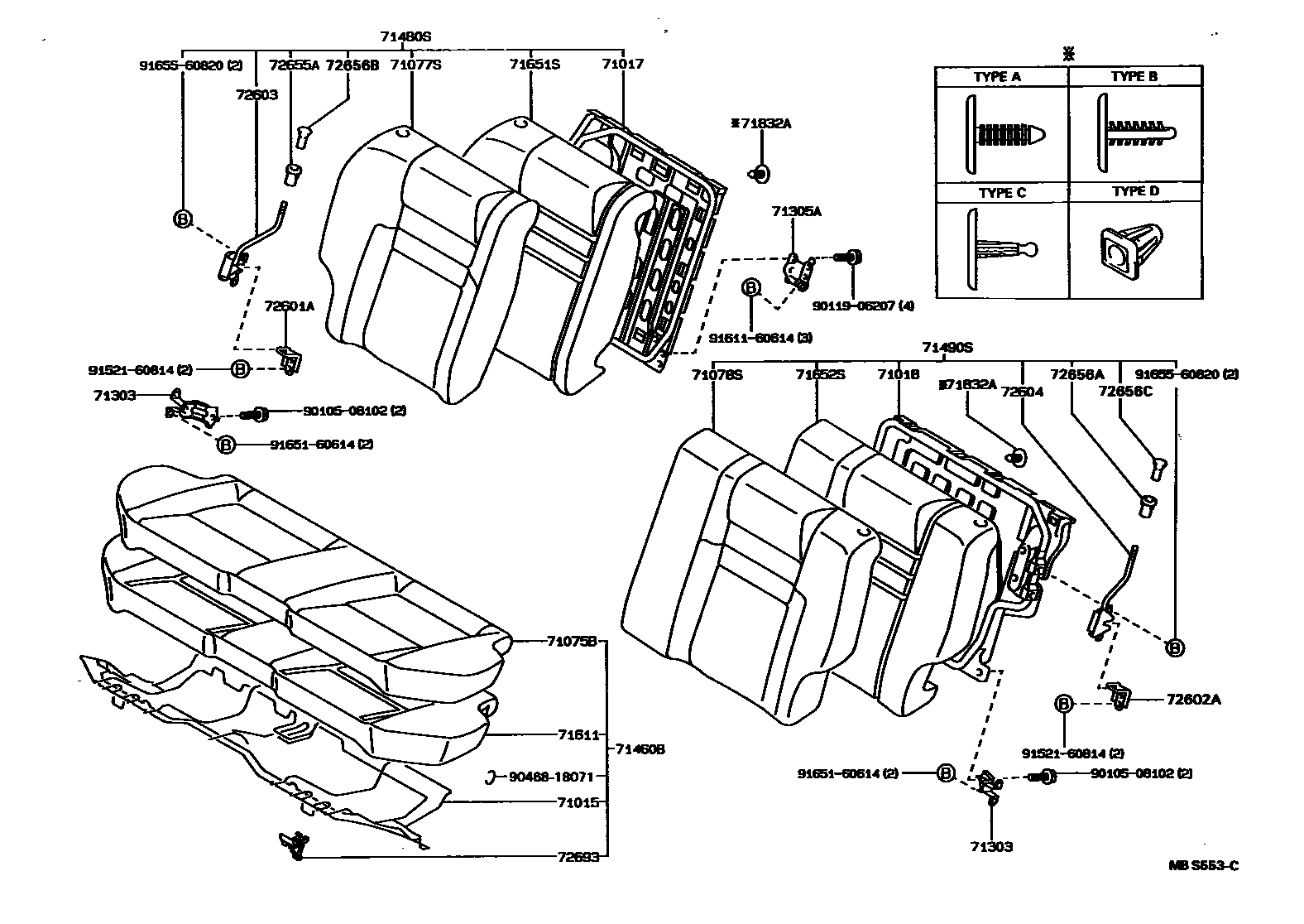 Toyota COROLLA 后排座椅和座椅滑轨 EPC diagram — MBS553C