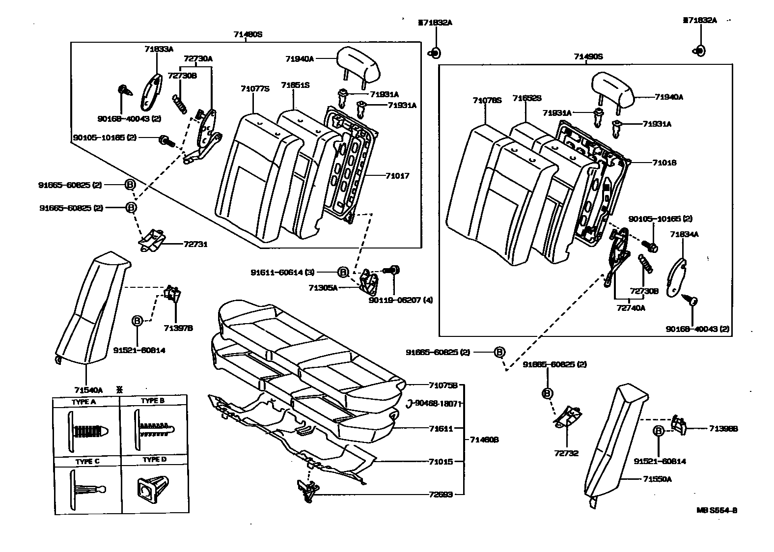 Toyota COROLLA 后排座椅和座椅滑轨 EPC diagram — MBS554B