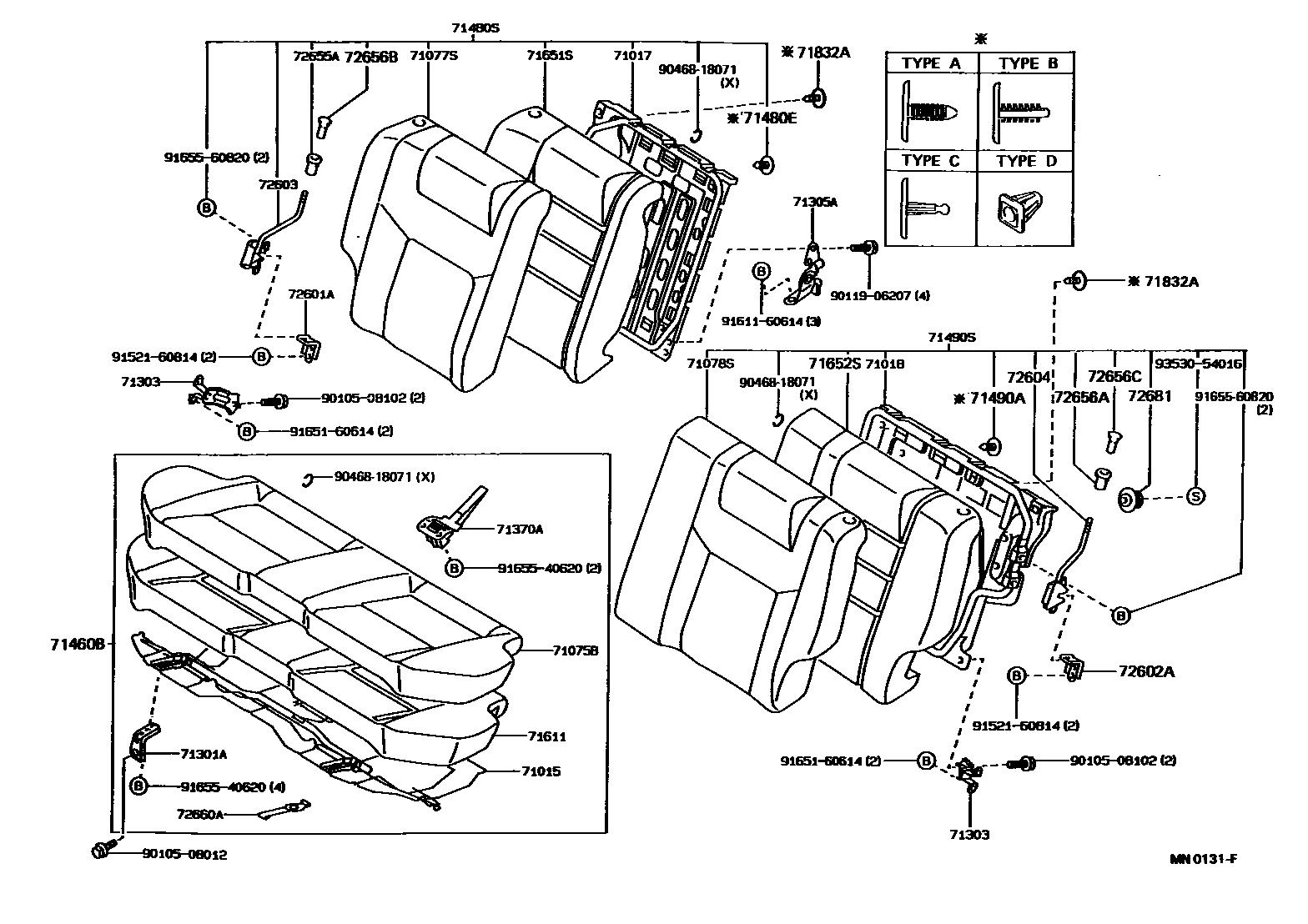 Toyota COROLLA 后排座椅和座椅滑轨 EPC diagram — MN0131F