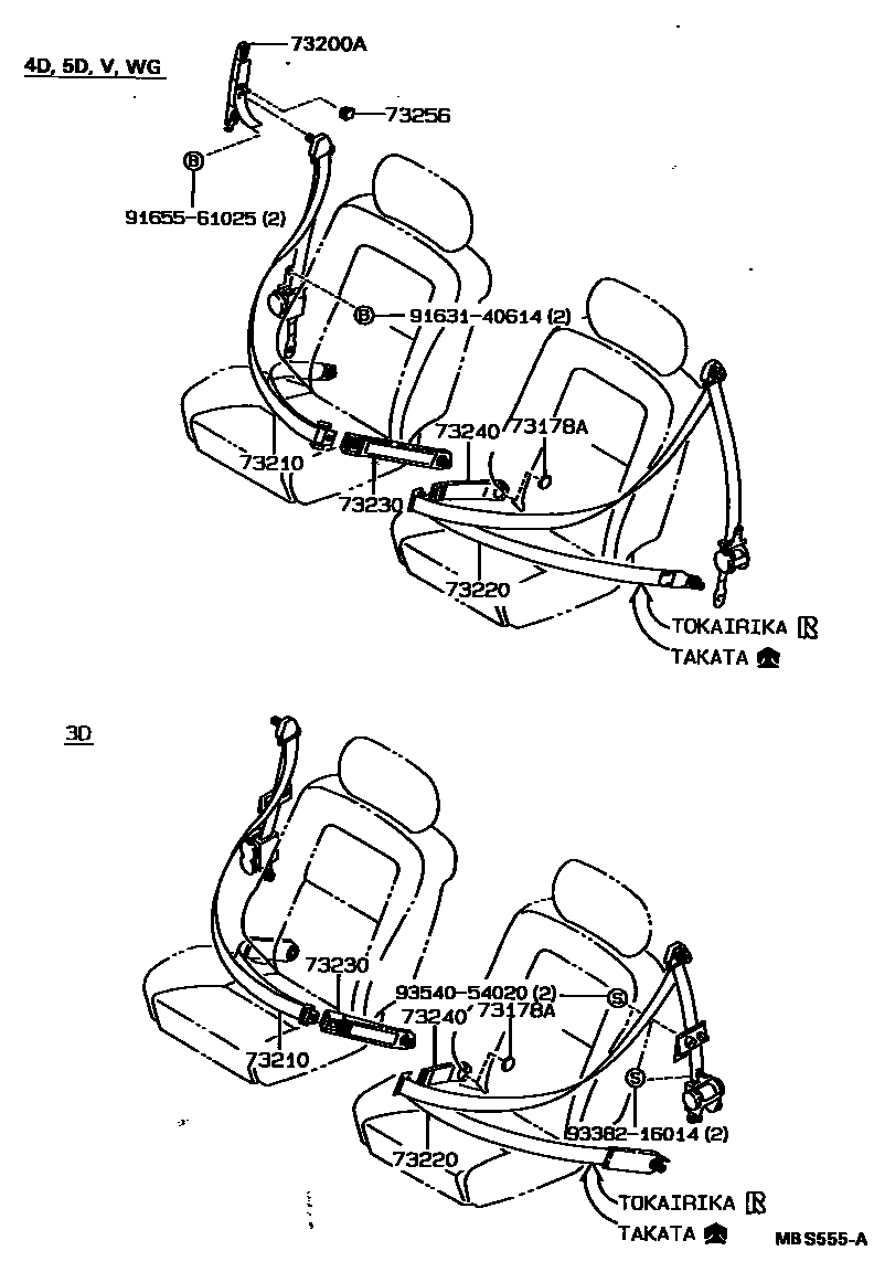 Toyota COROLLA 安全带和儿童保护座椅 EPC diagram — MBS555A