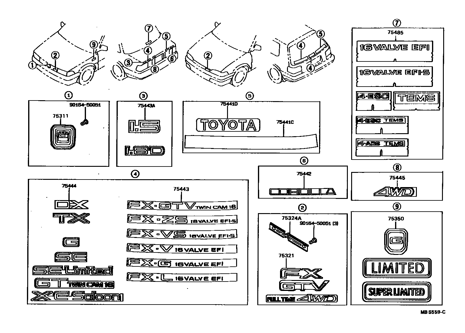 Toyota COROLLA 丰田徽标和铭牌(车外和车内) EPC diagram — MBS559C