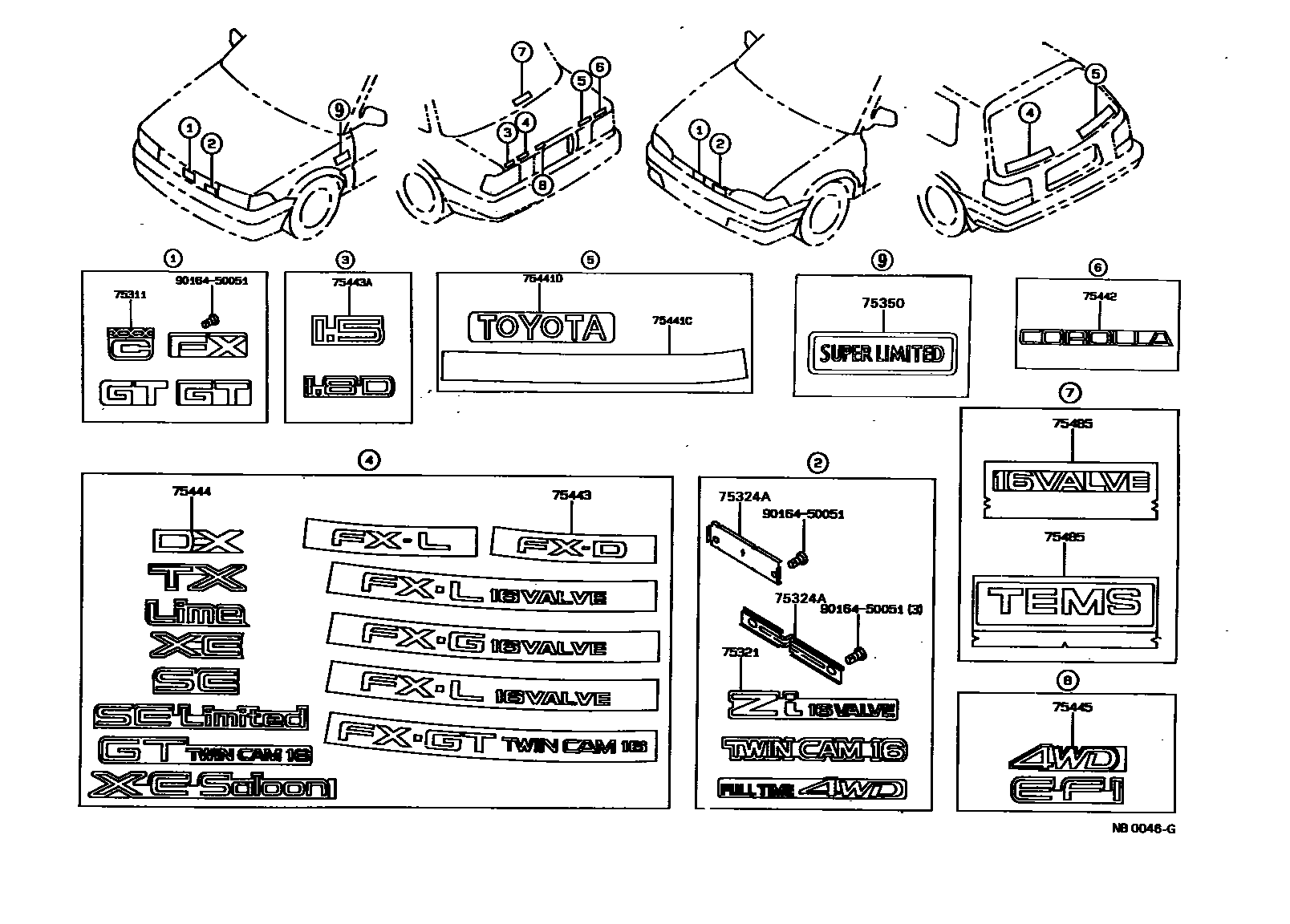 Toyota COROLLA 丰田徽标和铭牌(车外和车内) EPC diagram — NB0046G