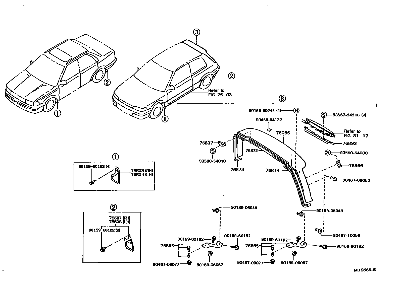 Toyota COROLLA 挡泥板和扰流板 EPC diagram — MBS565B
