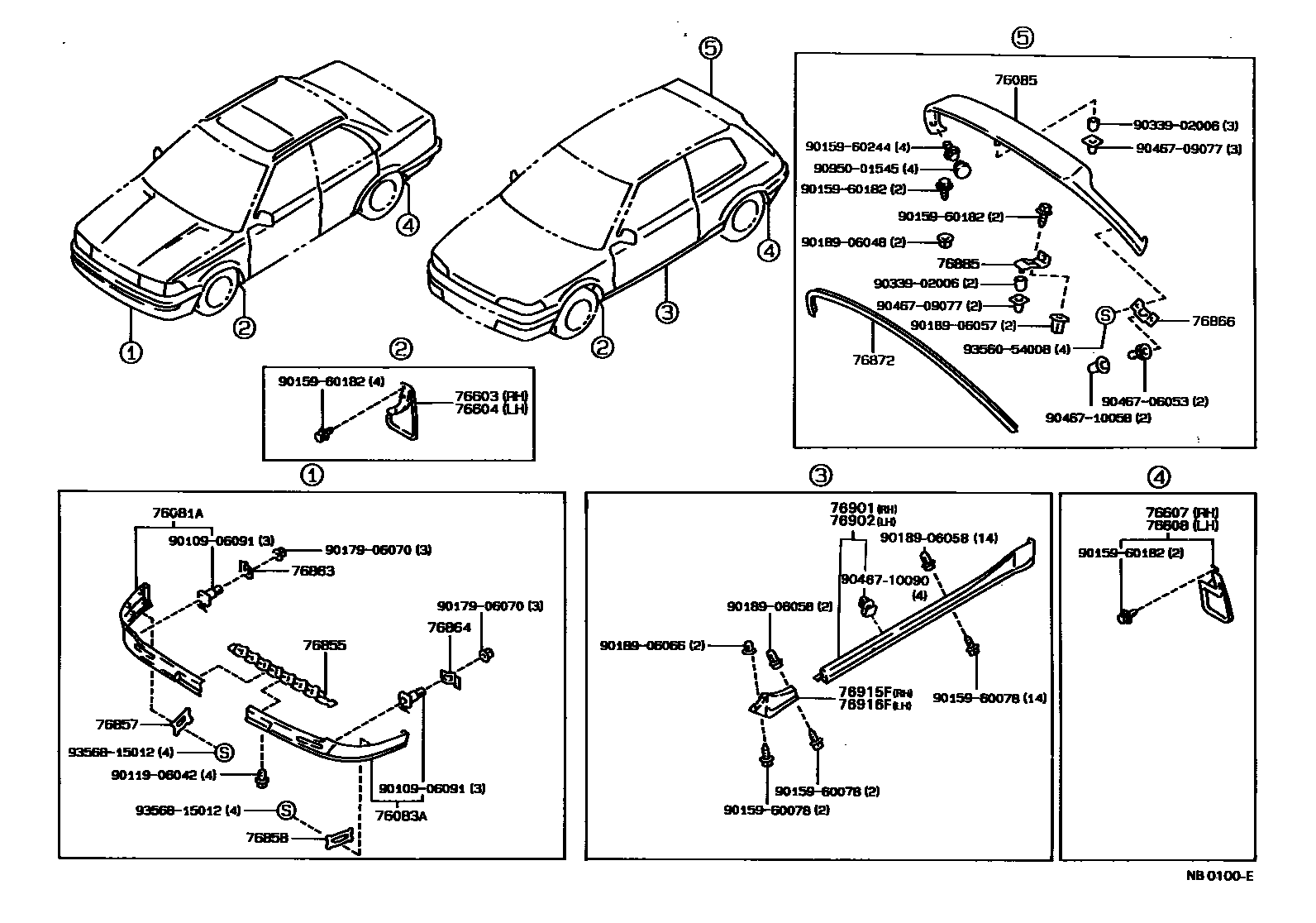 Toyota COROLLA 挡泥板和扰流板 EPC diagram — NB0100E