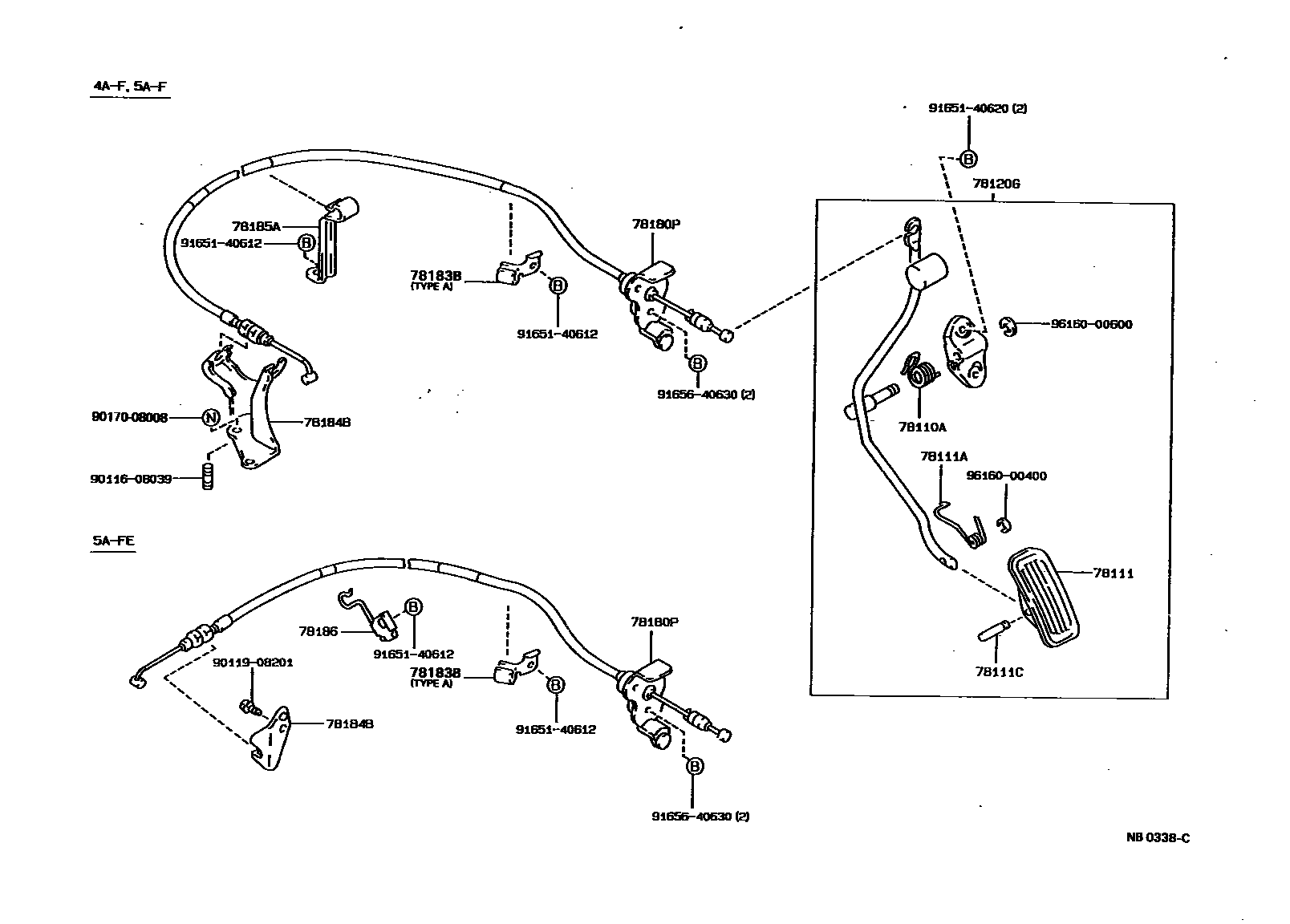 Toyota COROLLA accelerator pedal connecting rod EPC diagram — NB0338C