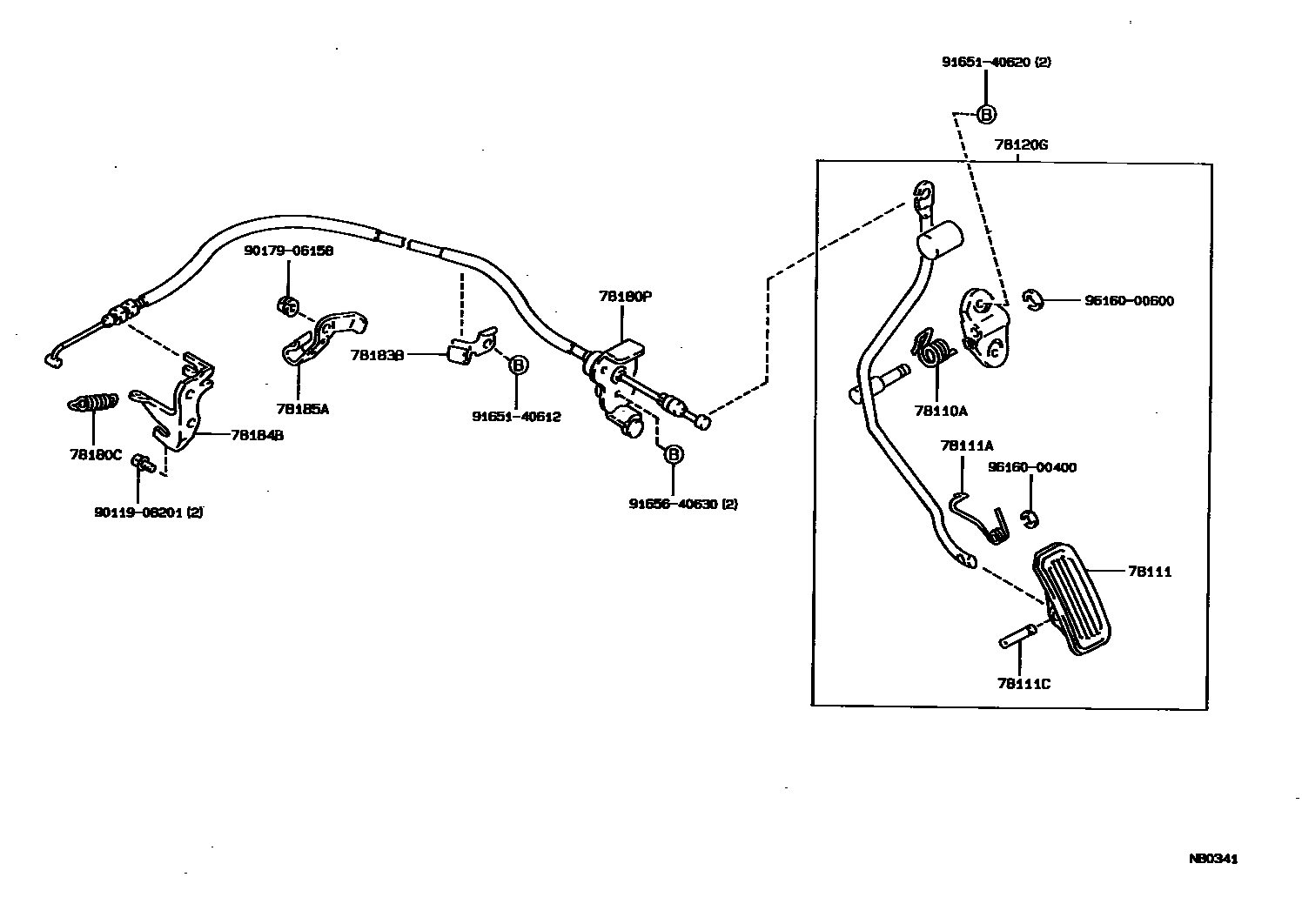 Toyota COROLLA accelerator pedal connecting rod EPC diagram — NB0341