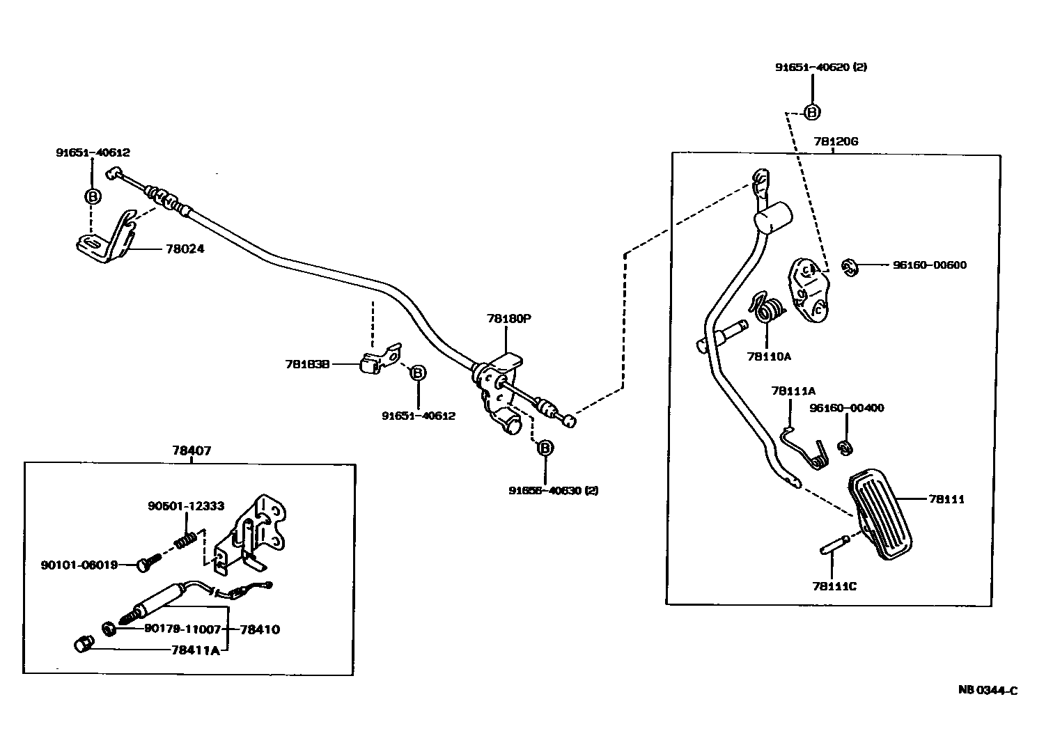 Toyota COROLLA accelerator pedal connecting rod EPC diagram — NB0344C
