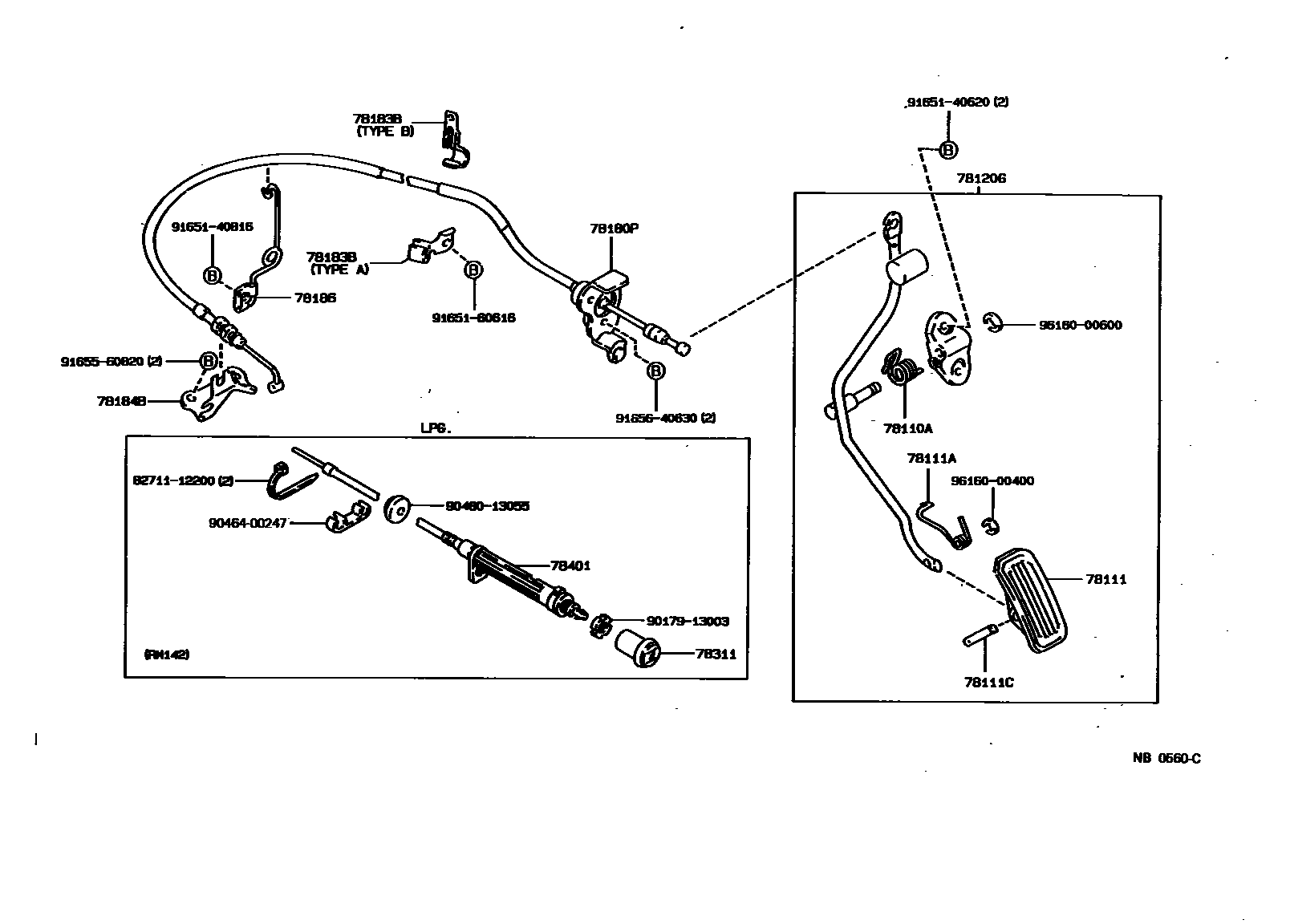 Toyota COROLLA accelerator pedal connecting rod EPC diagram — NB0560C