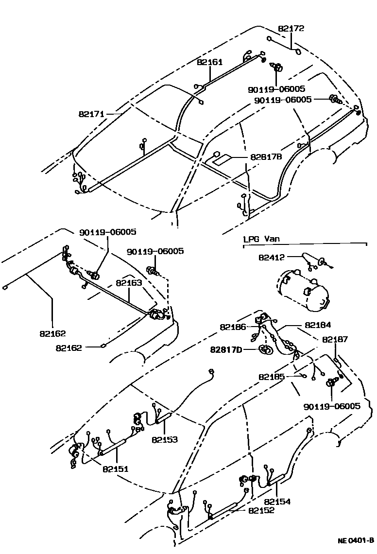 Toyota COROLLA 线束和卡夹 EPC diagram — NE0401B