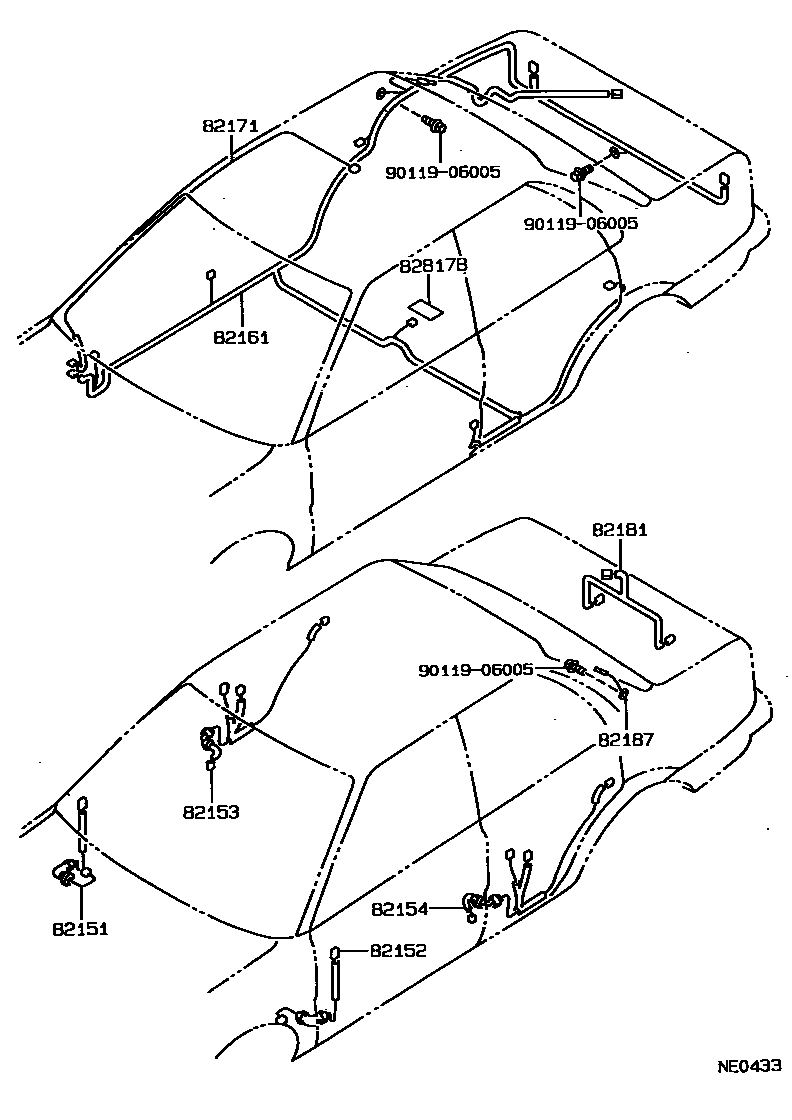 Toyota COROLLA 线束和卡夹 EPC diagram — NE0433
