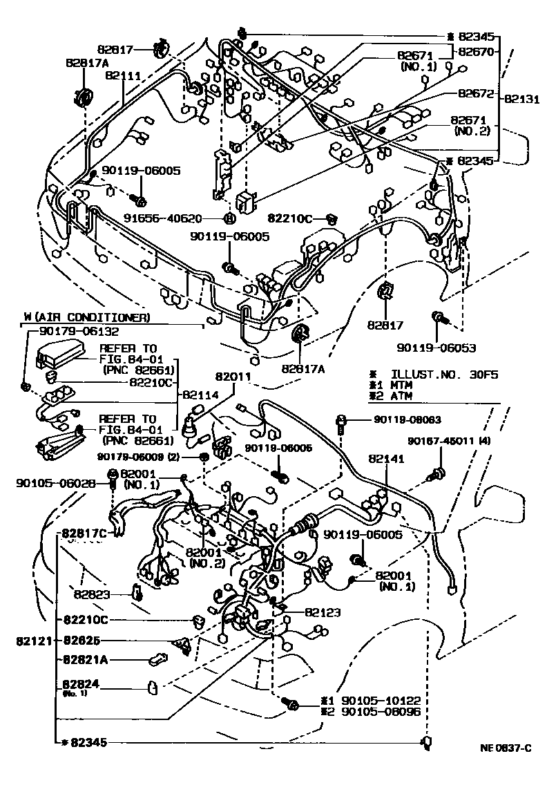 Toyota COROLLA 线束和卡夹 EPC diagram — NE0837C